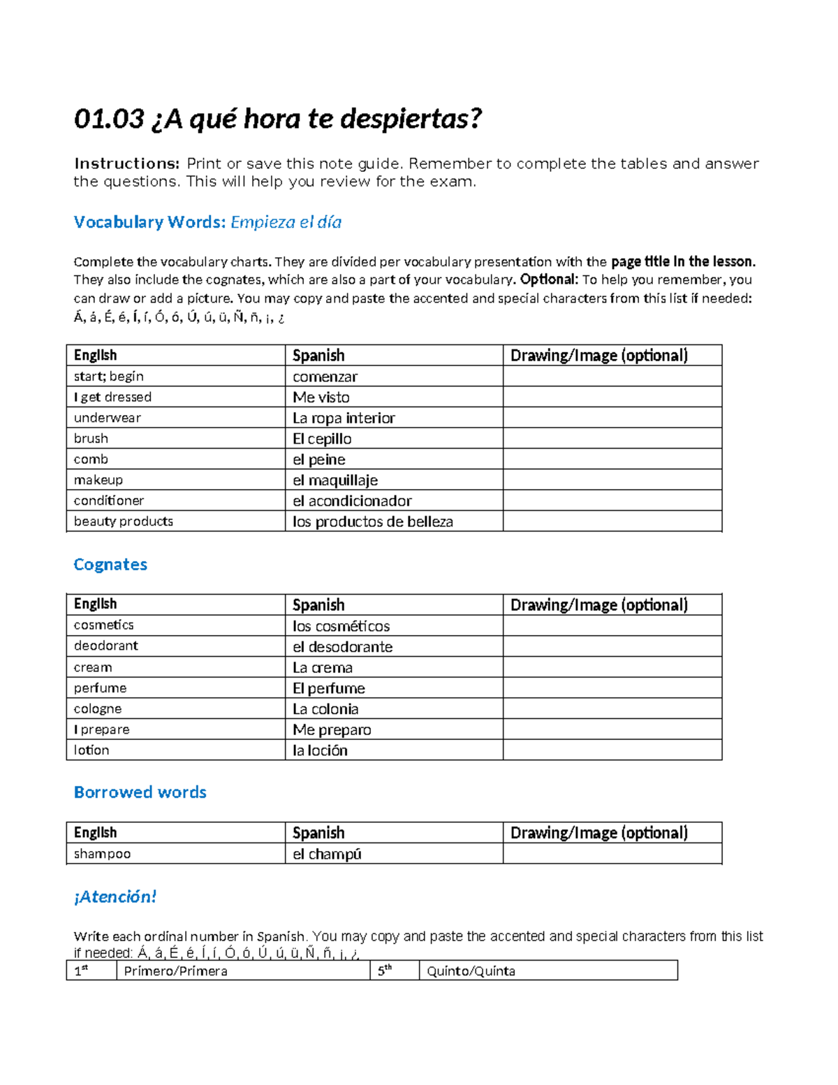 01 03 Exam Review Daily Routines Vocabulary Notes Studocu