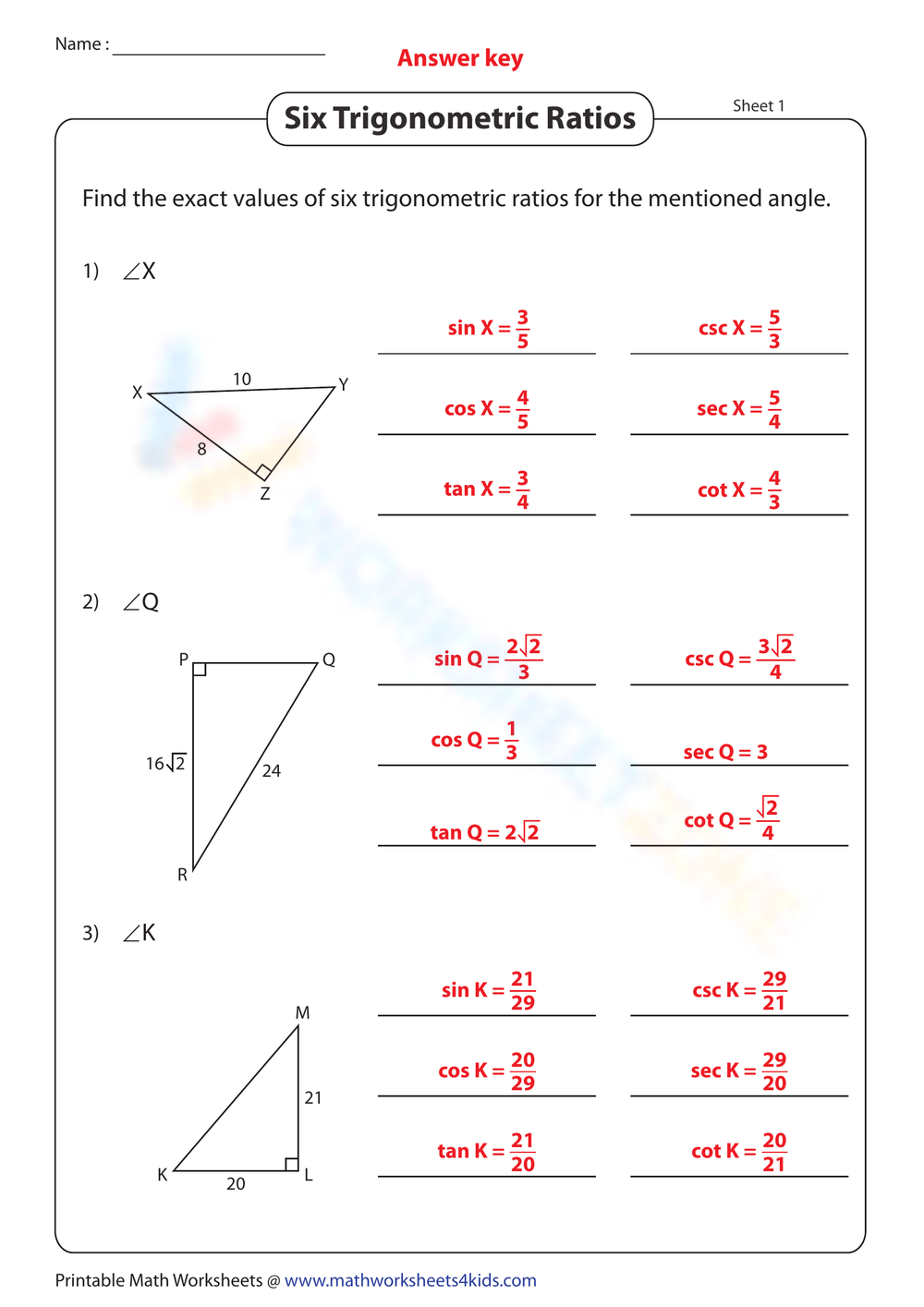 10 Free Printable Trigonometric Ratios Worksheet Answers Worksheets Library