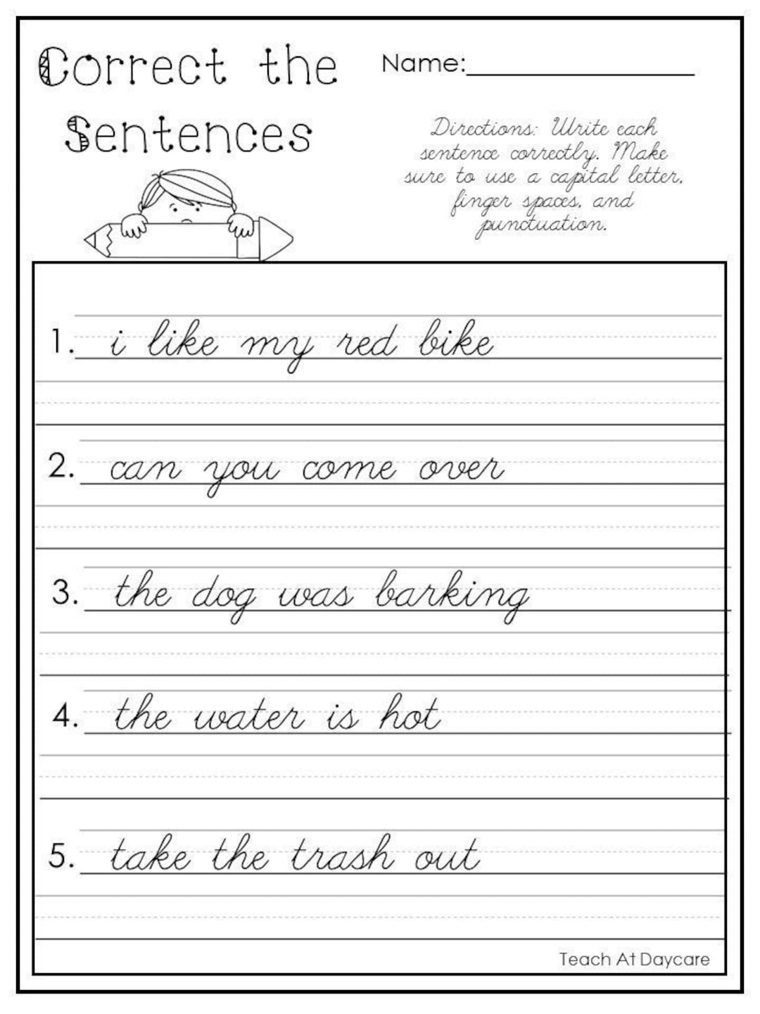 10 Printable Cursive Correct The Sentences Worksheets 1st 2nd Grade ELA Worksheets Etsy