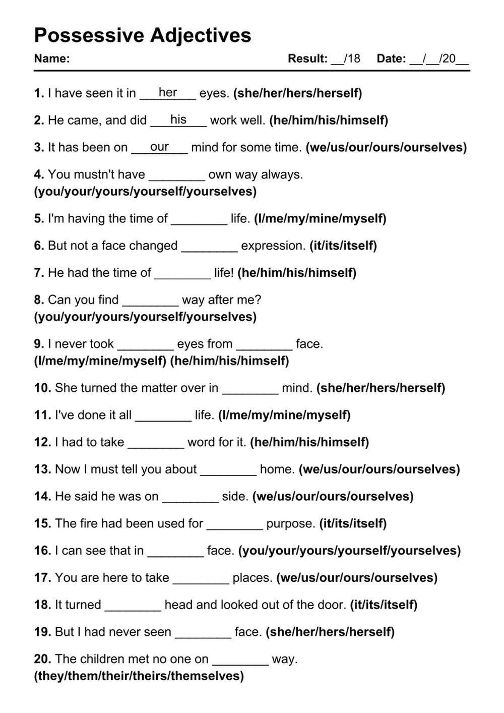 101 Possessive Adjectives PDF Worksheets With Answers Grammarism