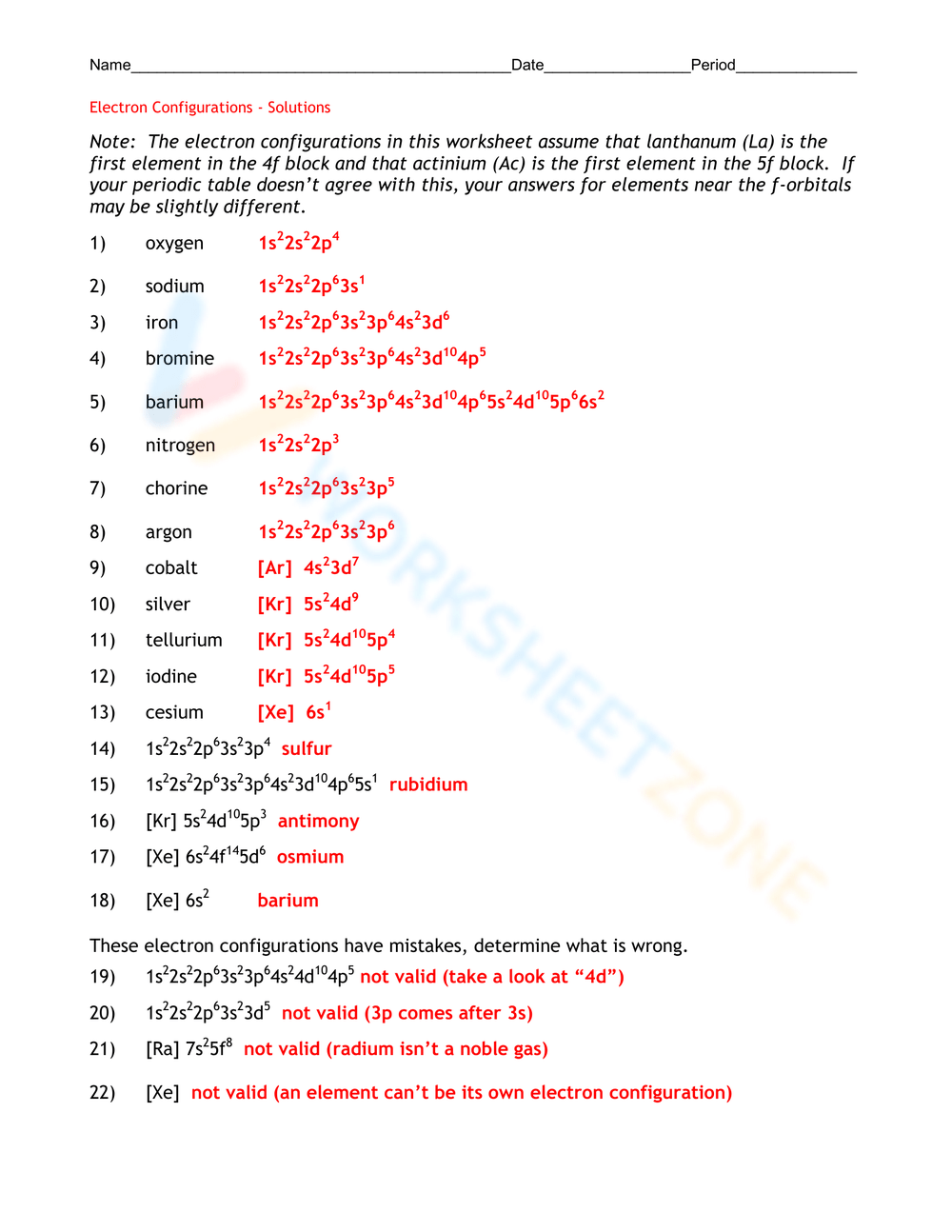 electronic configuration worksheet with answers
