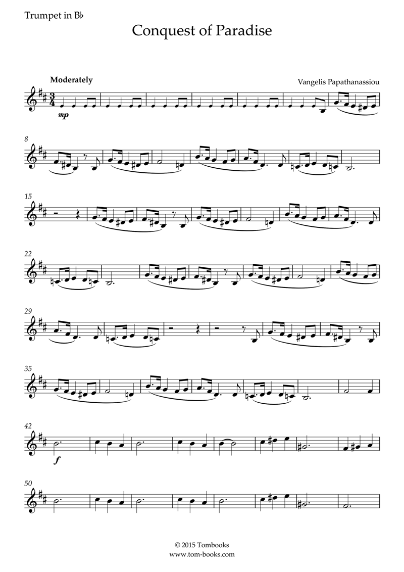 1492 Conquest Of Paradise Folia Vangelis Trumpet Sheet Music