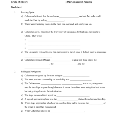 1492 Conquest Of Paradise Worksheet Grade 10 History