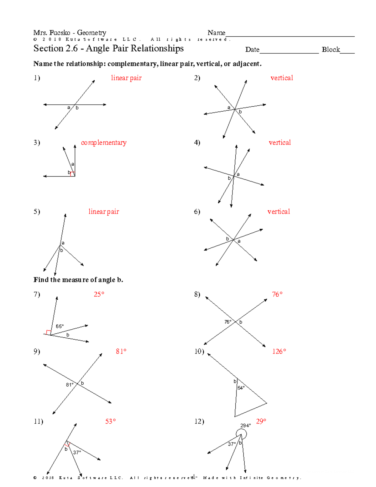 2 6 Angle Pair Relationships Worksheet Answers Studocu