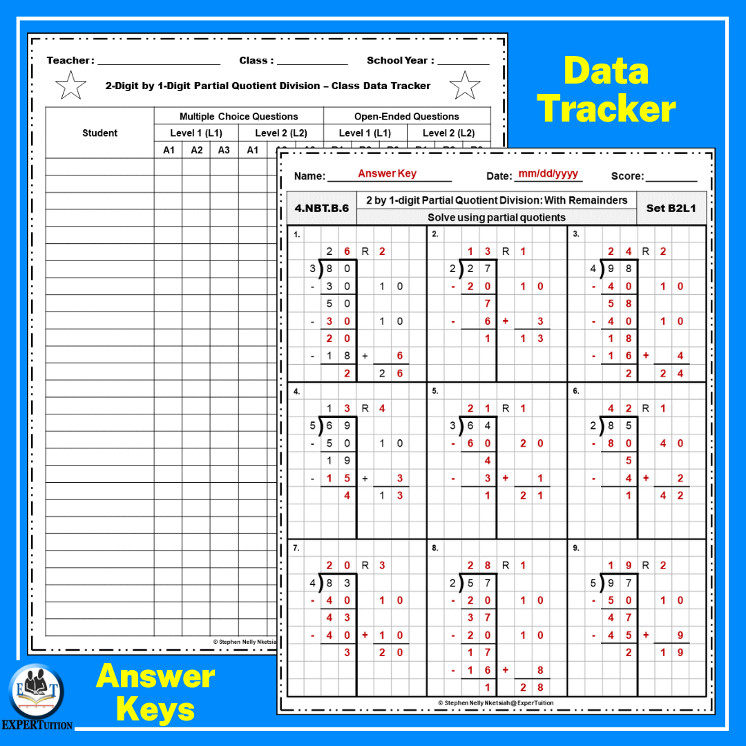 2 Digit By 1 Digit Partial Quotients Division With And Without Remainders Practice Worksheets Made By Teachers