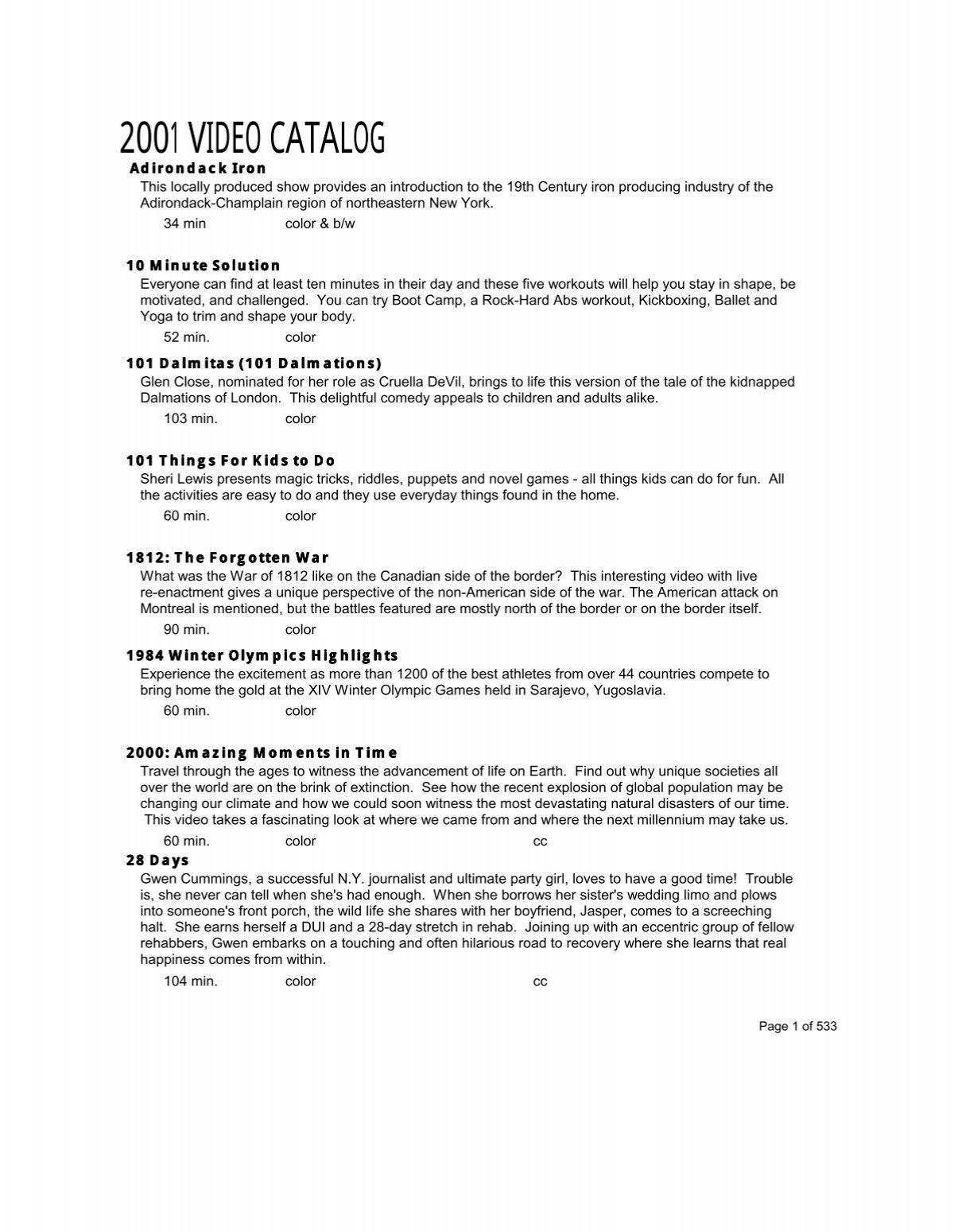 2001 VIDEO CATALOG Clinton Essex Franklin Library System 2001 VIDEO CATALOG Clinton Essex Franklin Library System