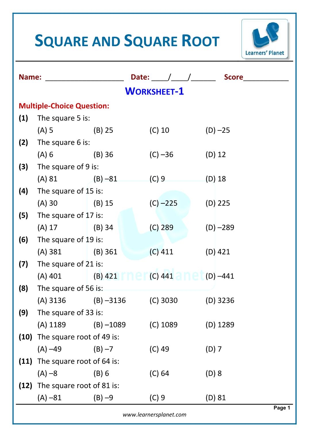 squares and square roots worksheet pdf