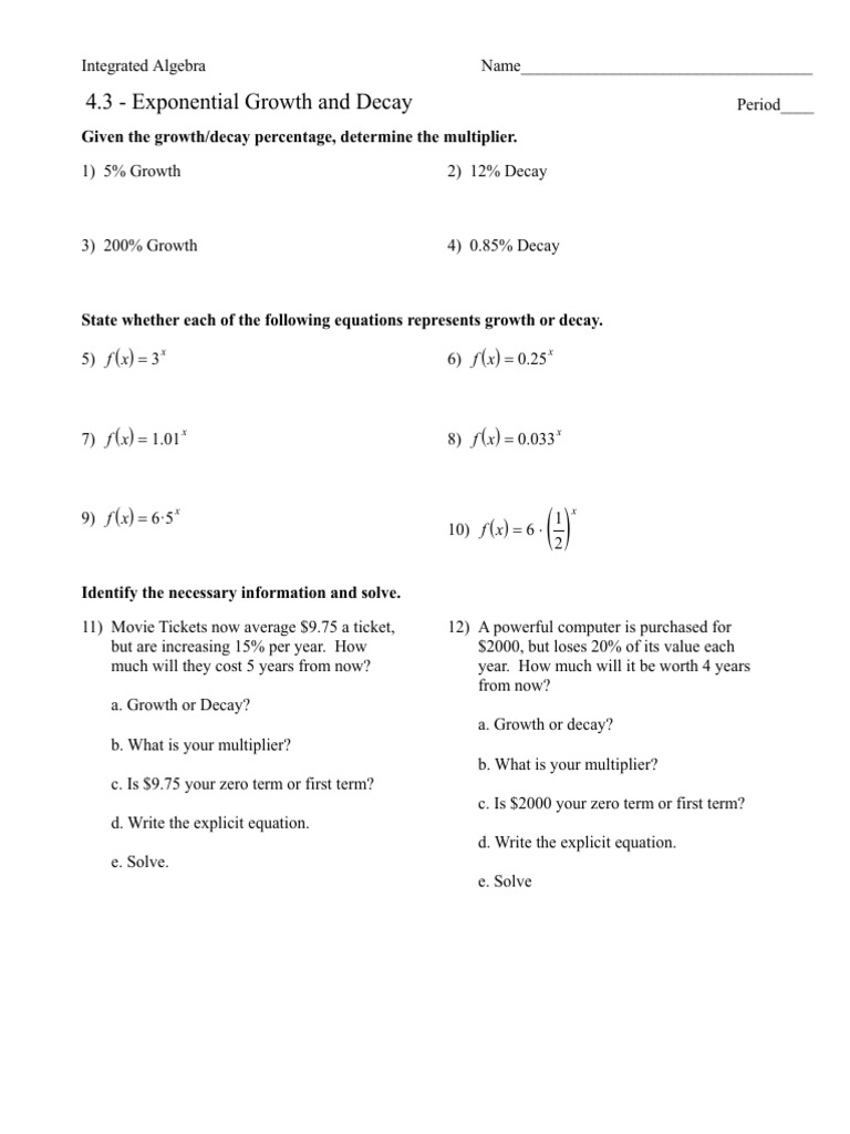 4 3 Exponential Growth And Decay PDF Exponential Function Worksheets Library
