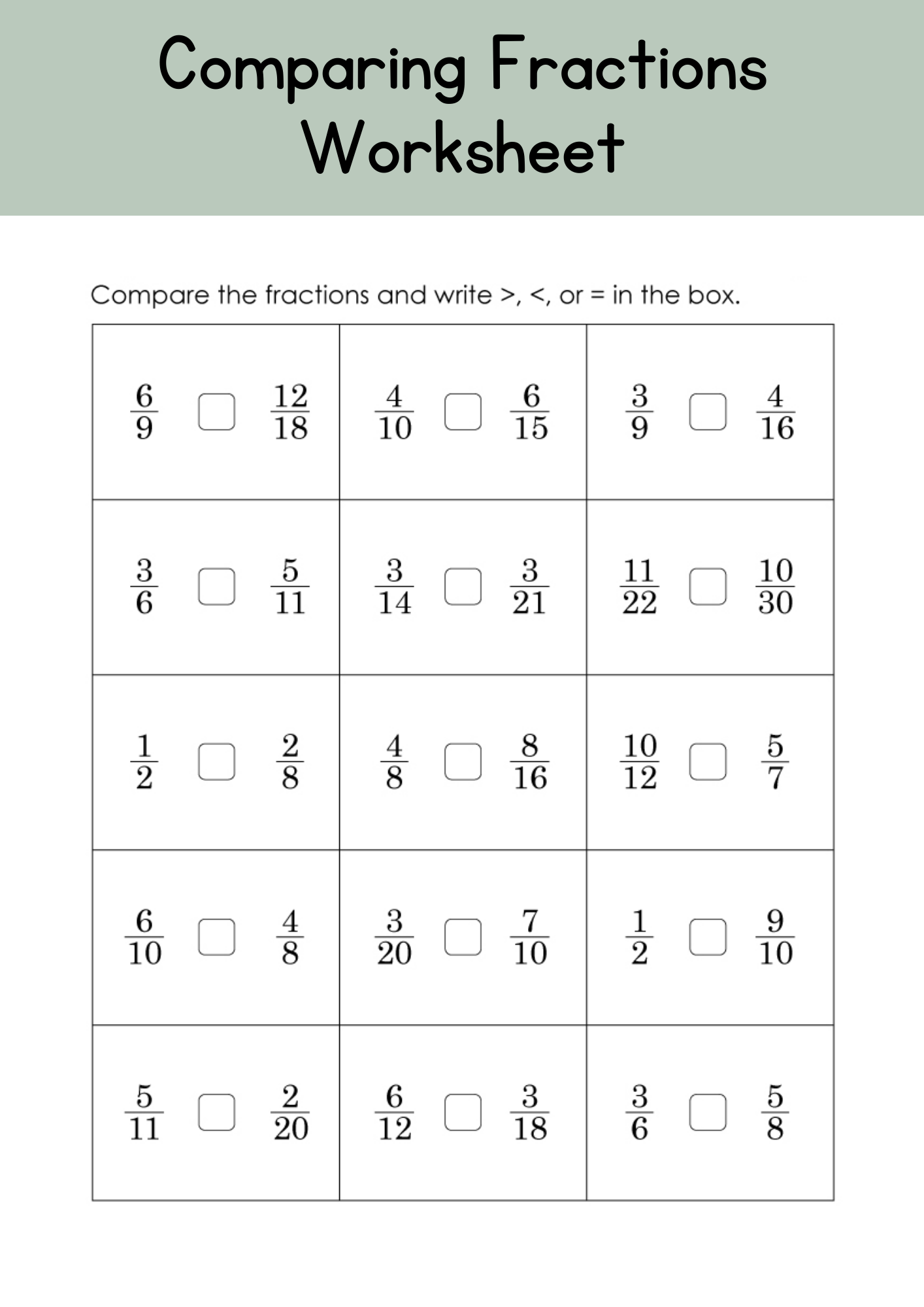 compare fractions worksheet pdf
