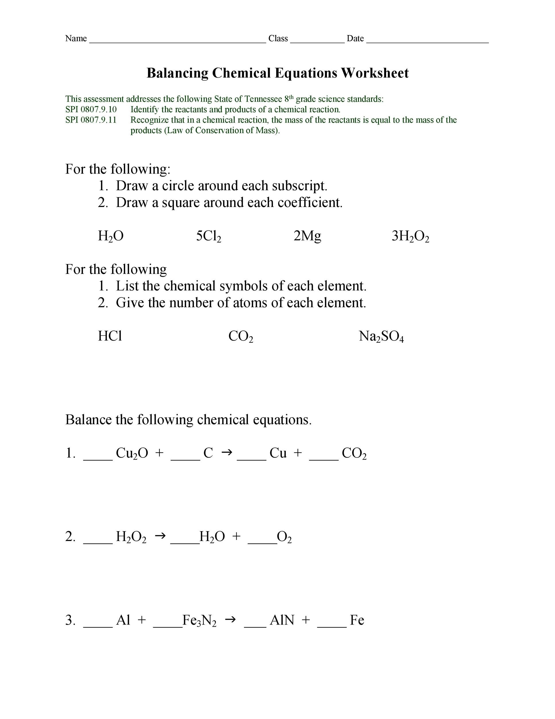 balancing chemical equations worksheet pdf
