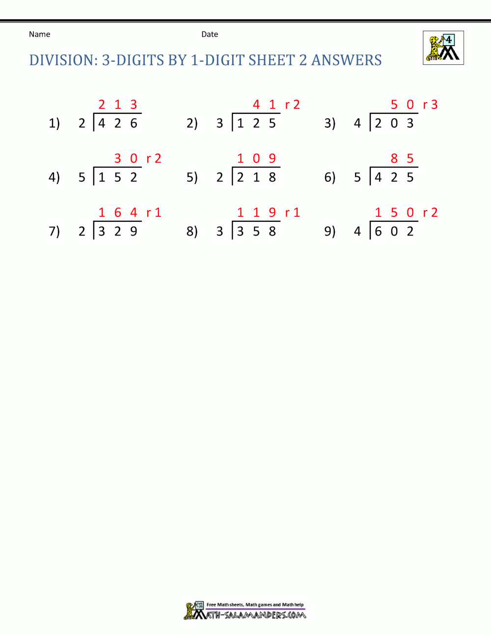 4th Grade Long Division Worksheets