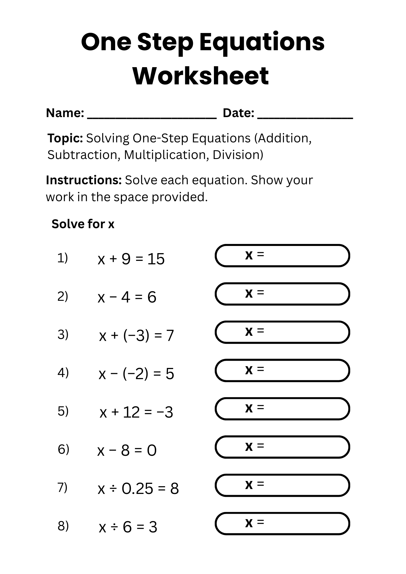 50 Free Printable One Step Equations Worksheet To Download In PDF