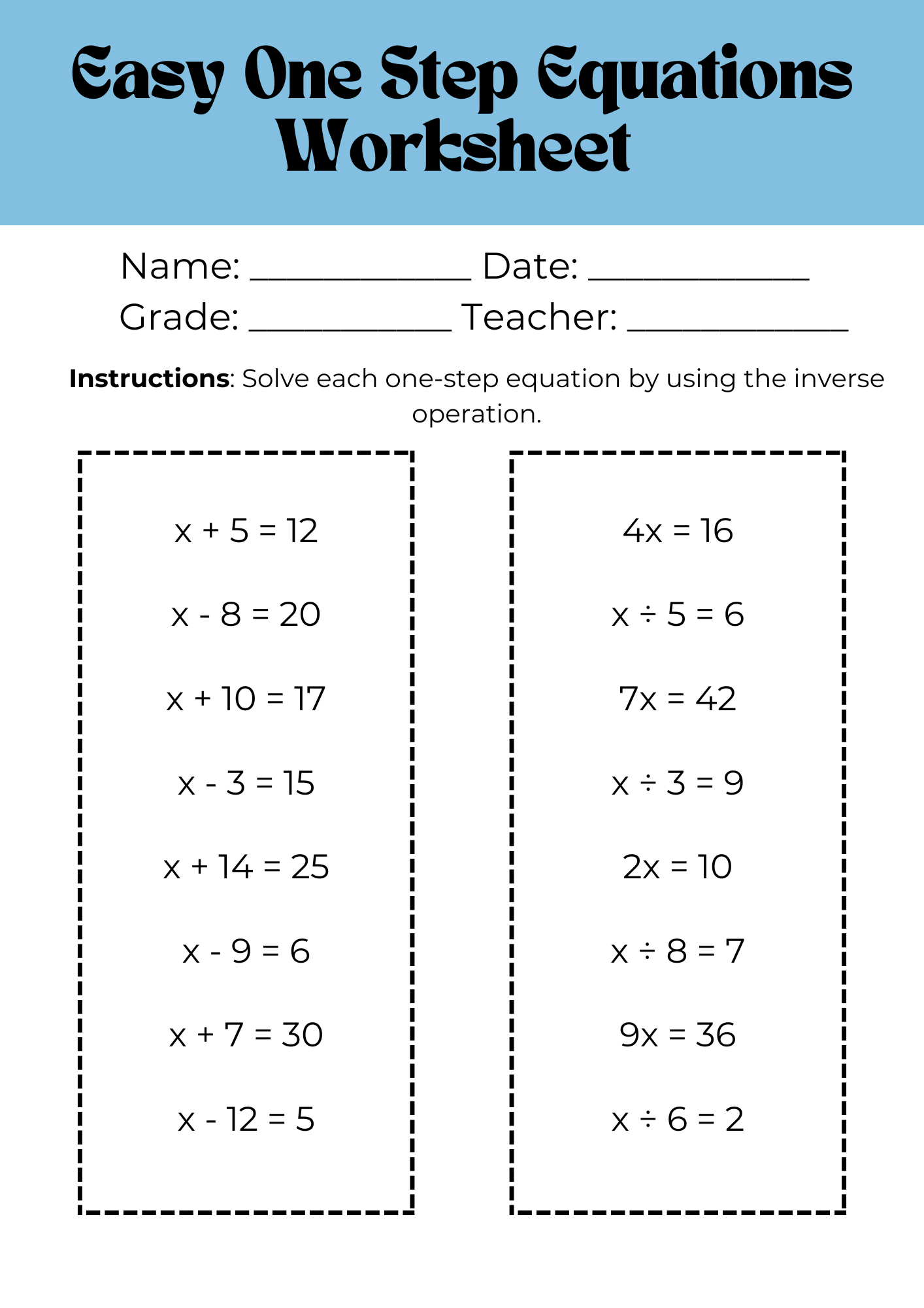 50 Free Printable One Step Equations Worksheet To Download In PDF 50 Free Printable One Step Equations Worksheet To Download In PDF