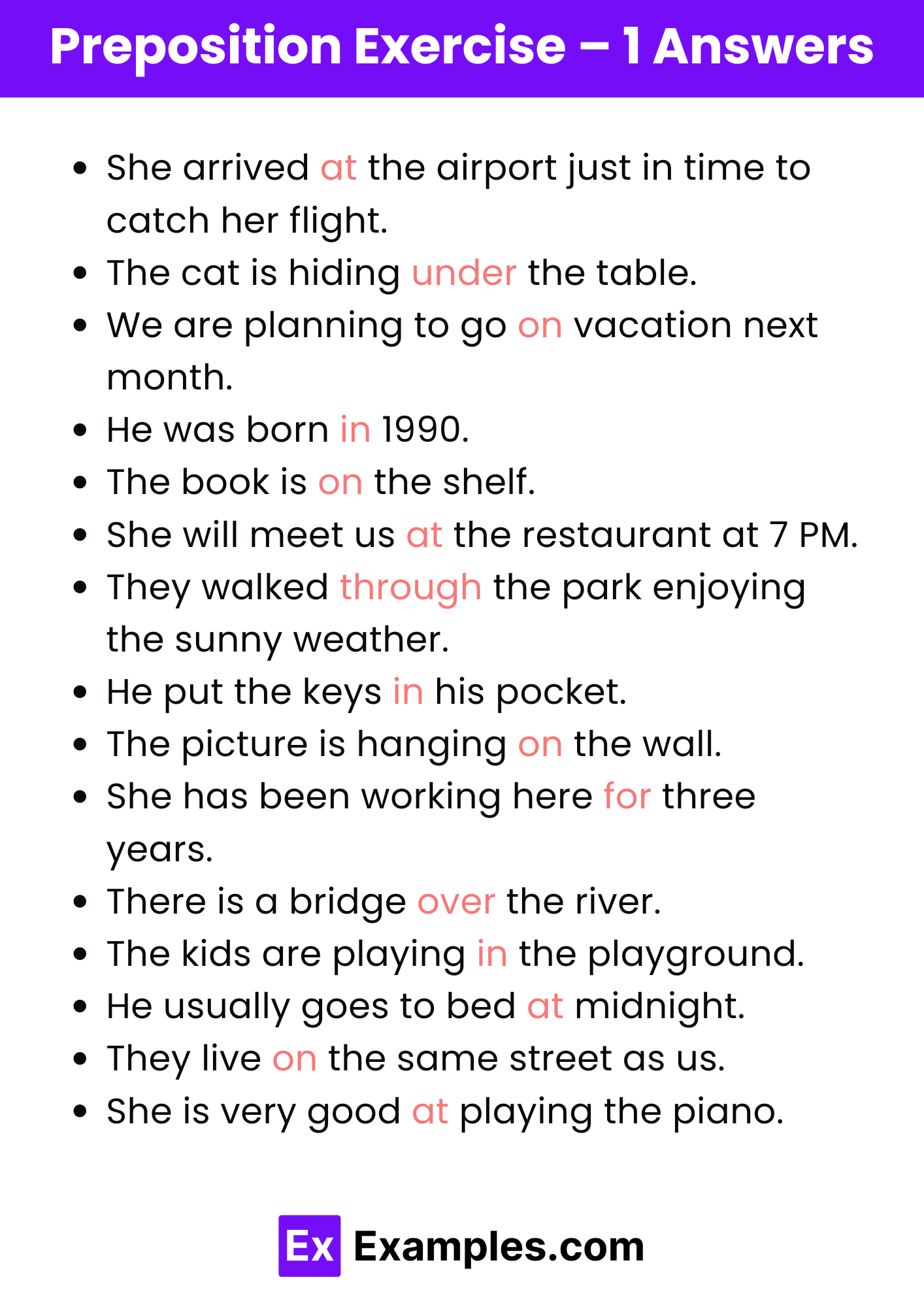 50 Preposition Excercise Examples