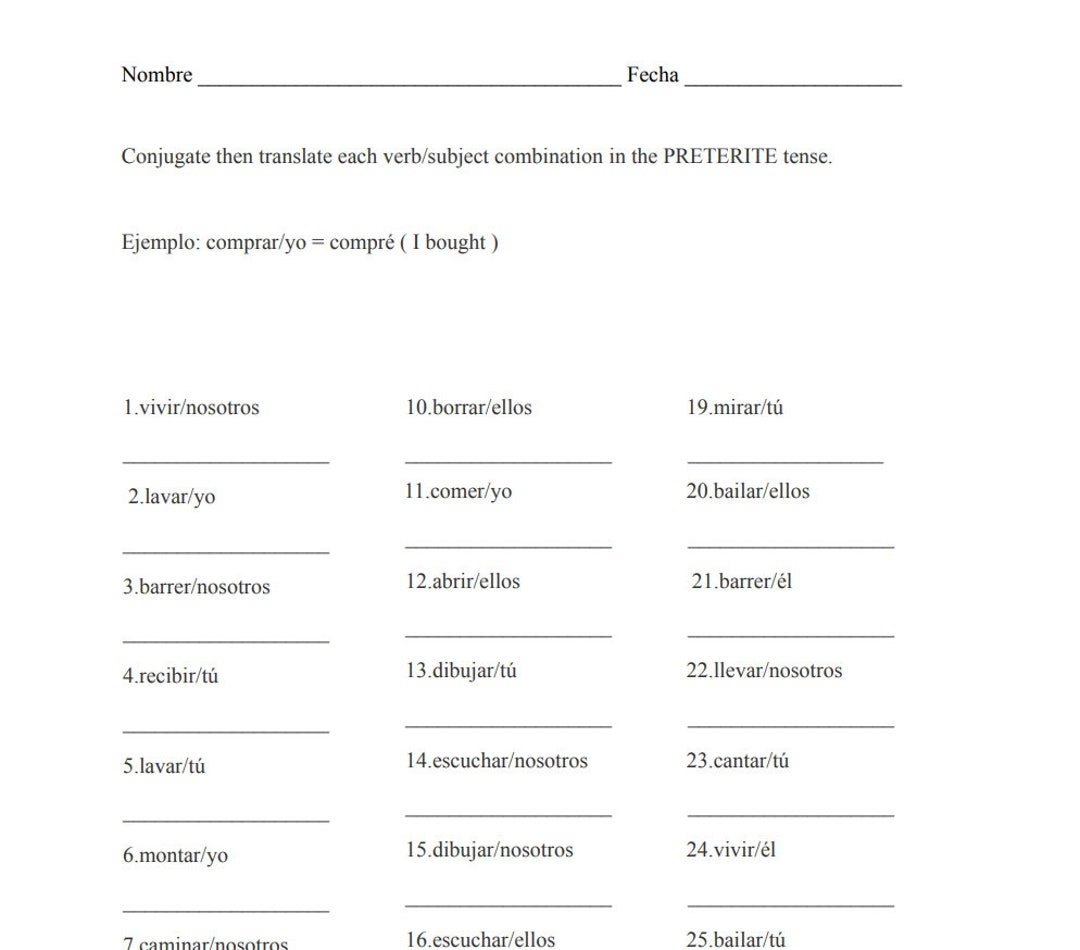 spanish preterite practice worksheet pdf