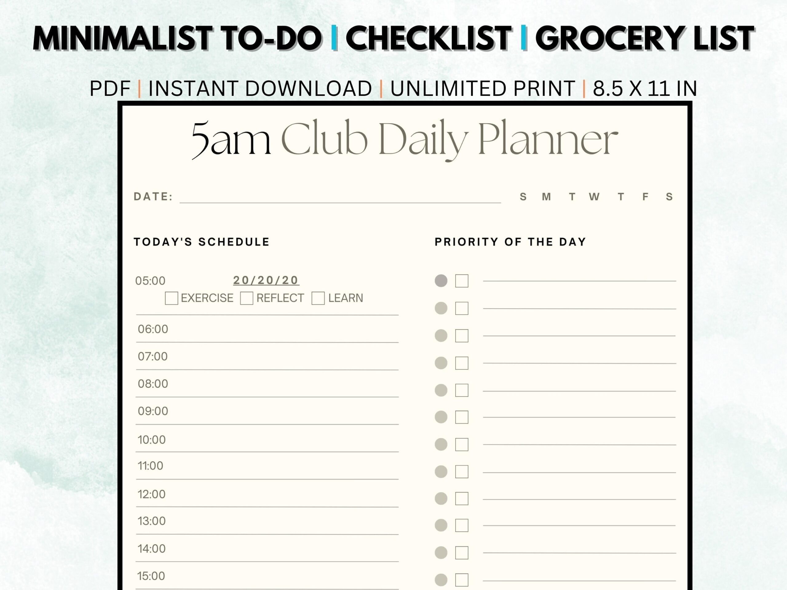 5am Club Daily Planner Minimalist Daily Planner Grocery List Checklist Etsy Sweden