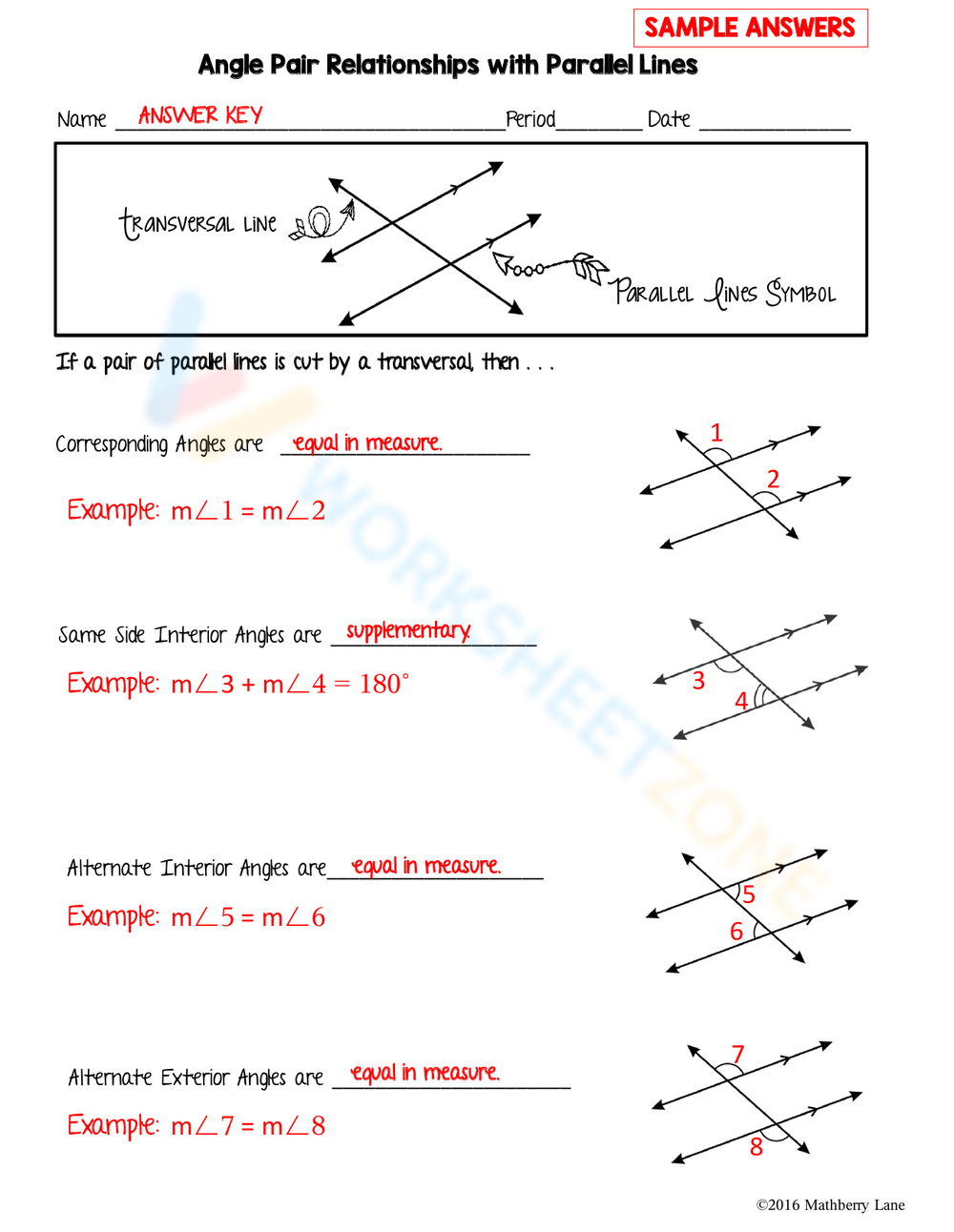 6th Grade Angle Pair Relationships Worksheets