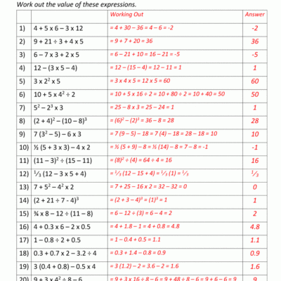 6th Grade Order Of Operations Worksheets