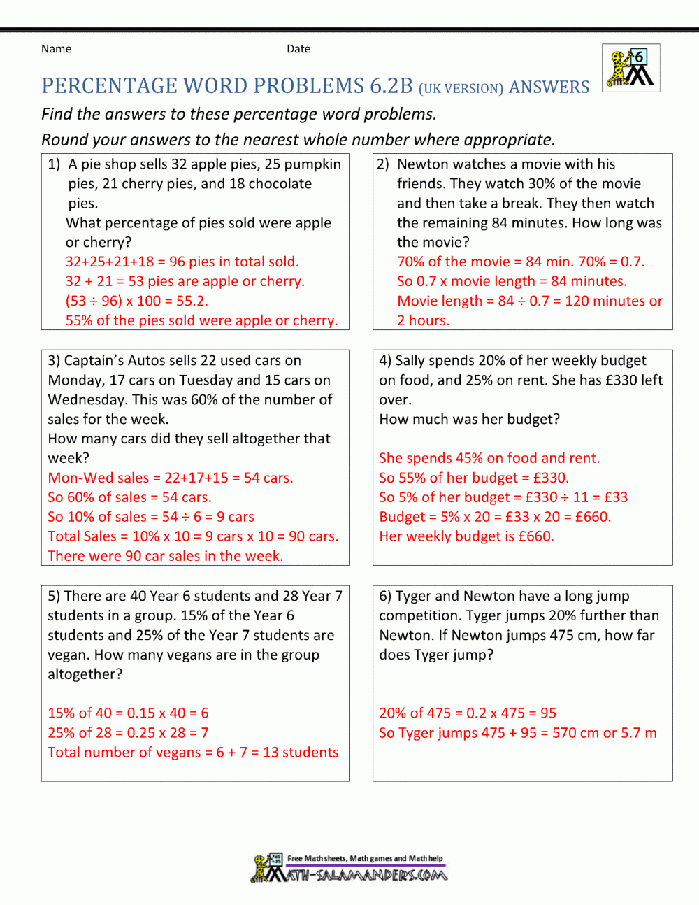 6th Grade Percent Word Problems