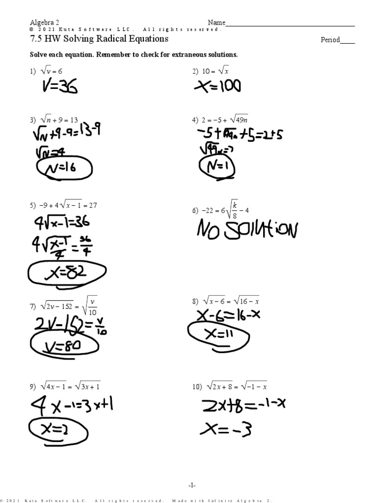 7 5 HW Solve Radical Equations PDF Equations Algebra Worksheets Library