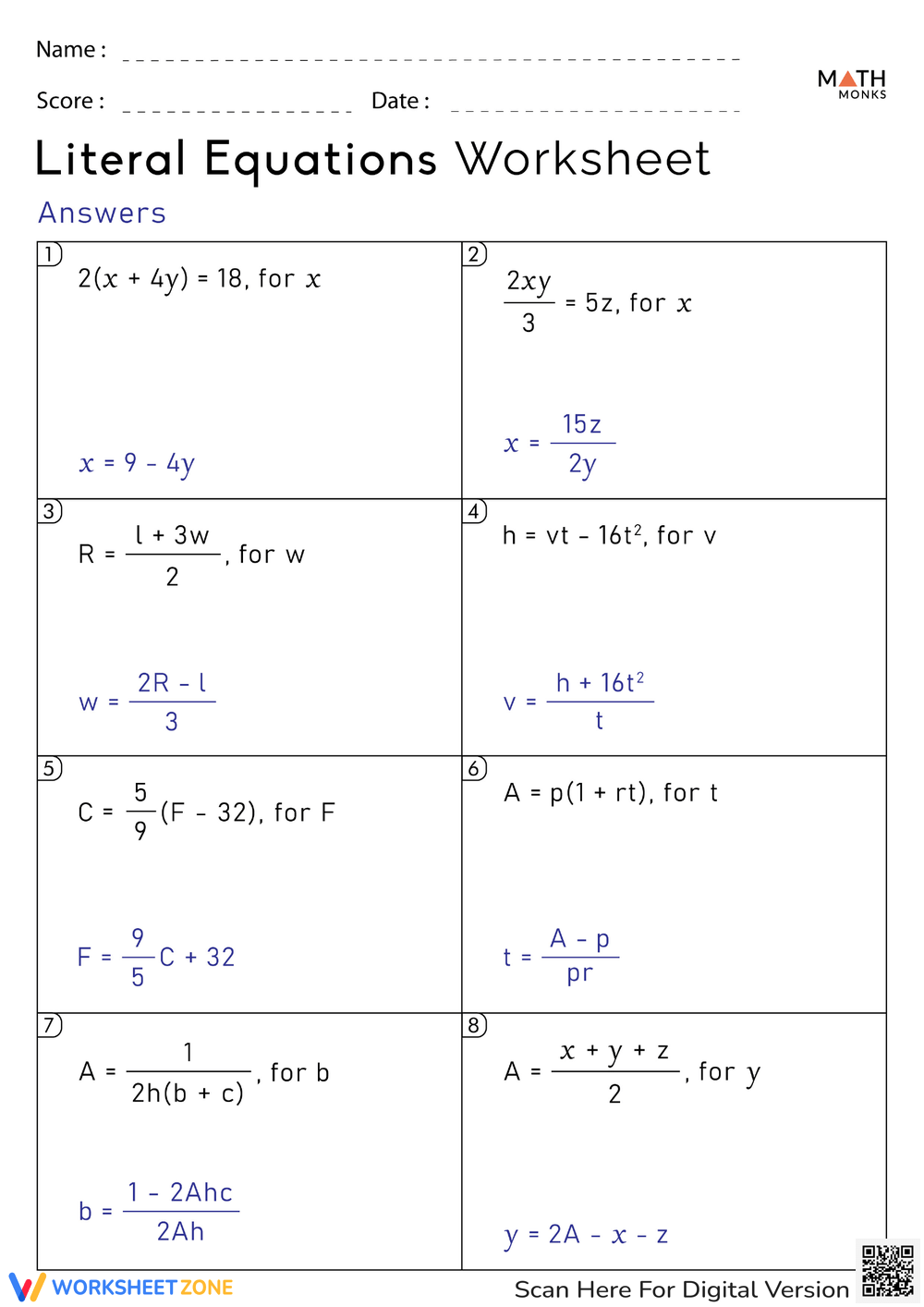 8th Grade Solving Literal Equations Worksheets