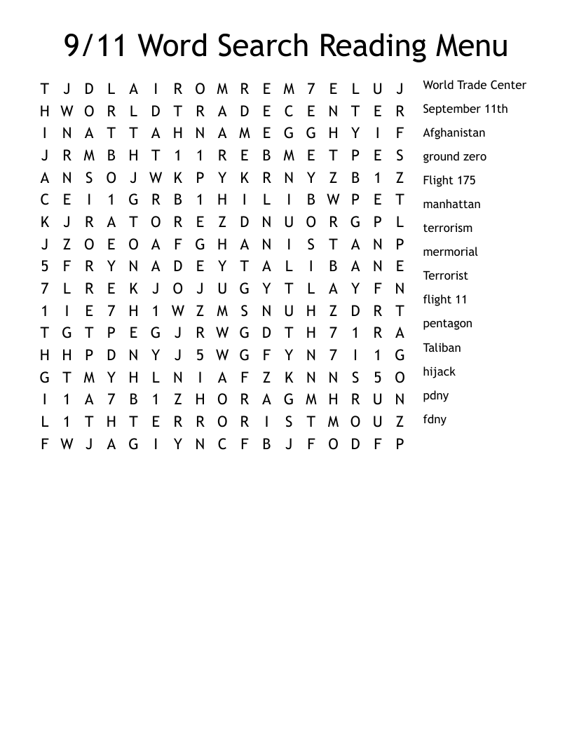 9 11 Word Search Reading Menu WordMint 9 11 Word Search Reading Menu WordMint