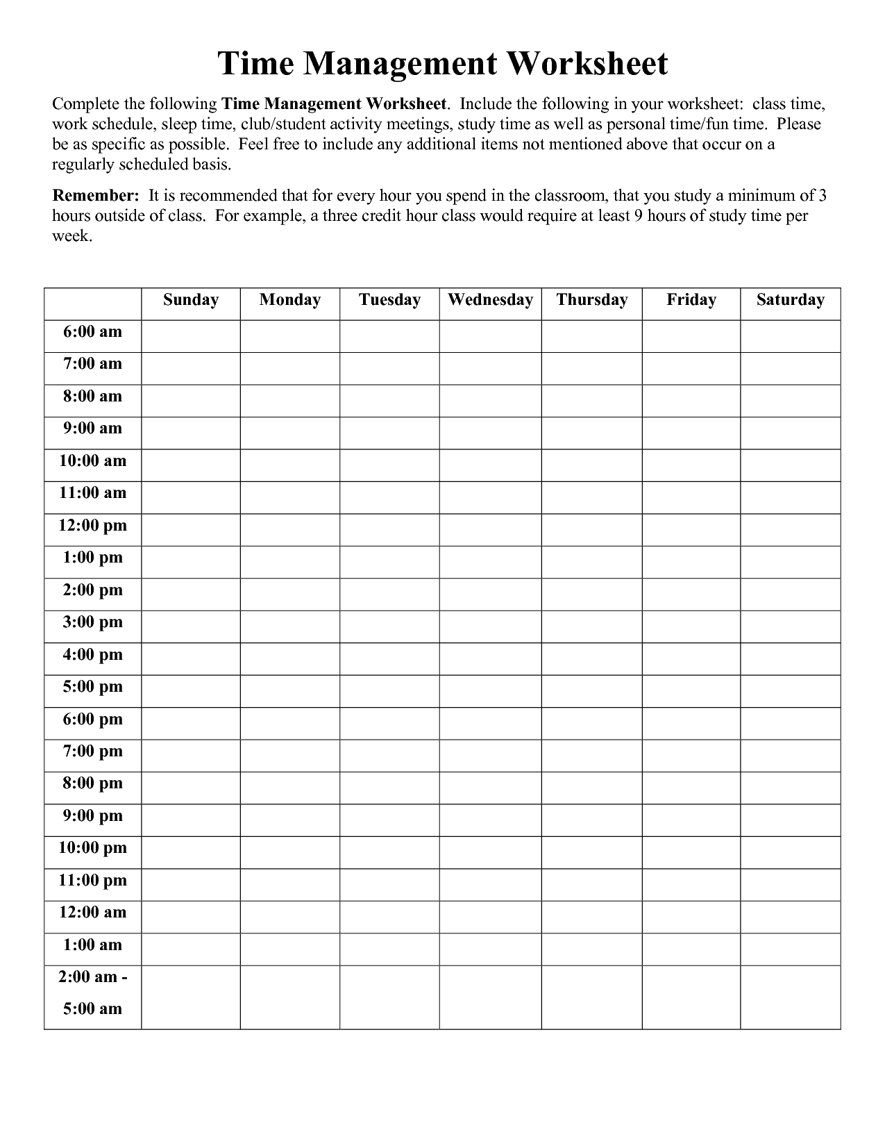 time management worksheet pdf
