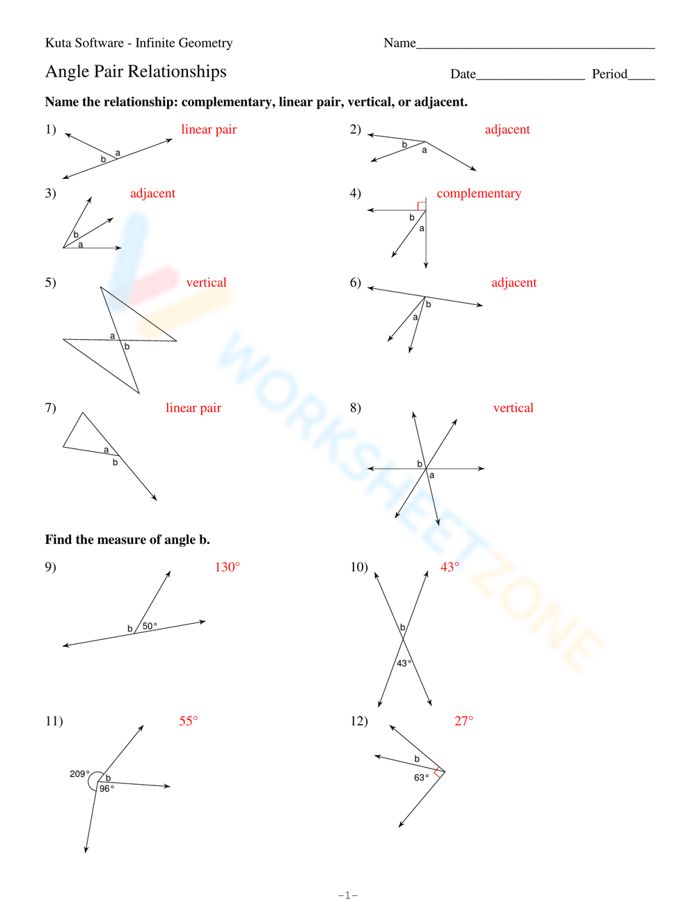 9th Grade Angle Pair Relationships Worksheets Printable