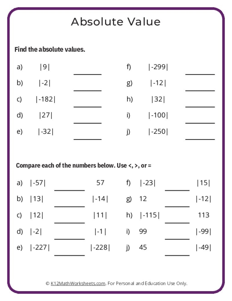 Absolute Value Worksheets