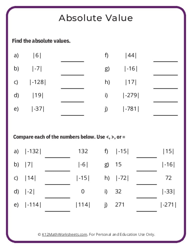 Absolute Value Worksheets