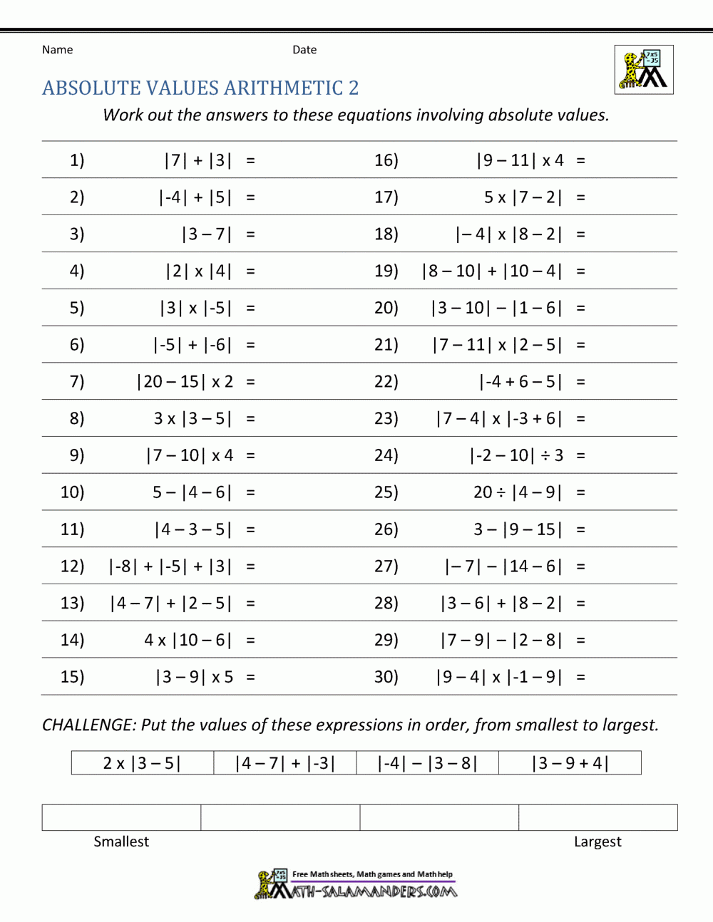 Absolute Value Worksheets
