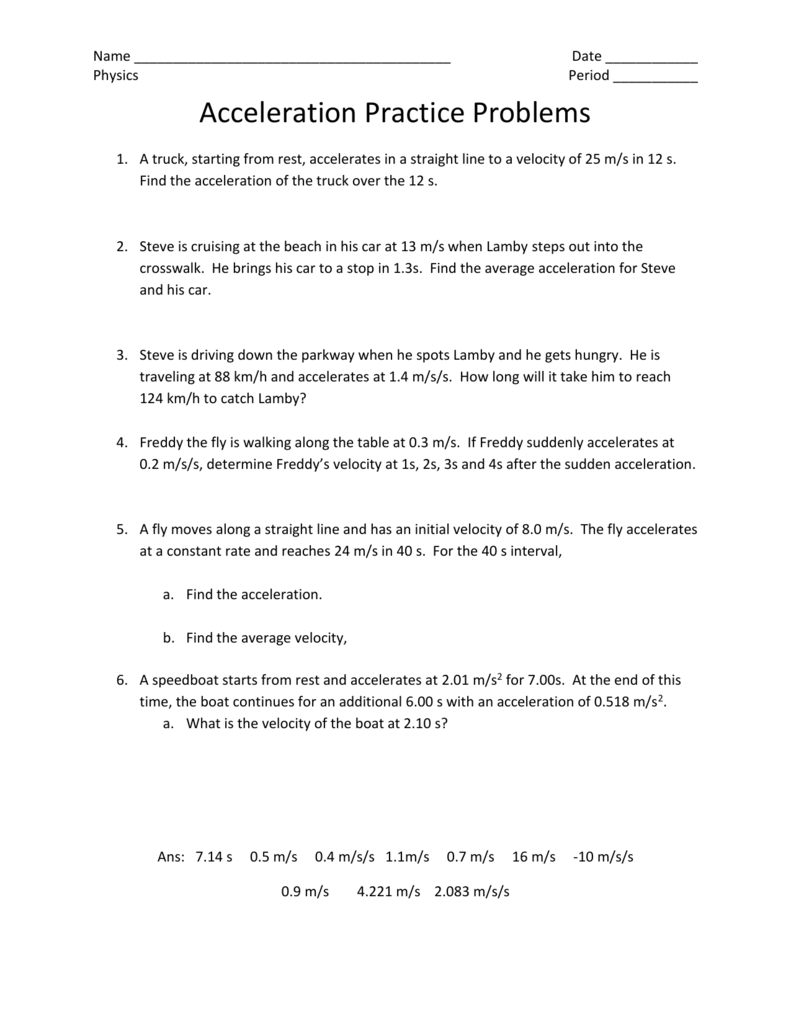 Acceleration Practice Problems Physics Worksheet