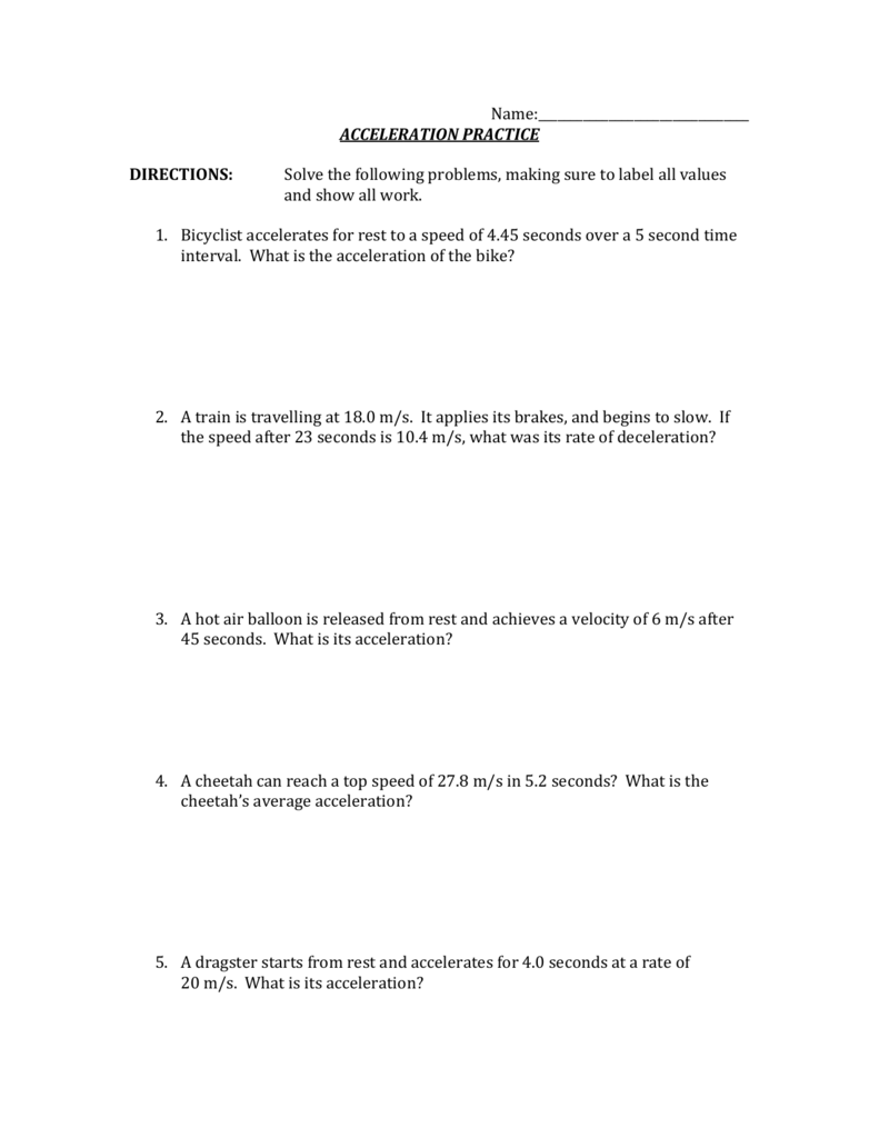 Acceleration Practice Problems Worksheet