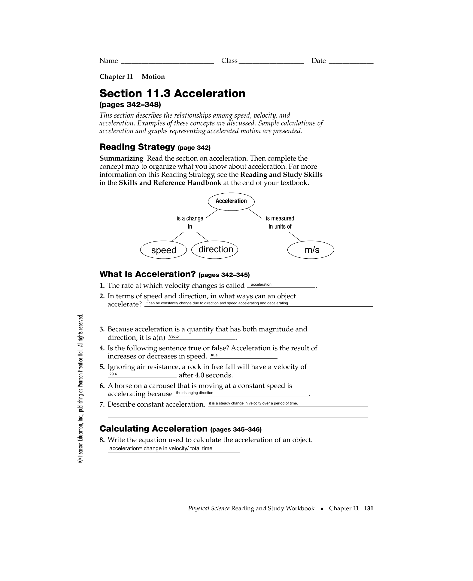 Acceleration Worksheet Speed Velocity And Motion