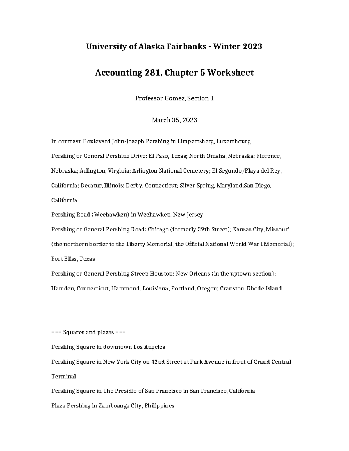 Accounting 281 Chapter 5 Worksheet Exploring Pershing Places Studocu