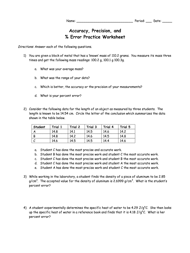 Accuracy Precision And Error Practice Worksheet Answers Fill Online Printable Fillable Blank PdfFiller