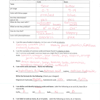Acid And Bases Unit Worksheet With Answers Exercises Chemistry Docsity