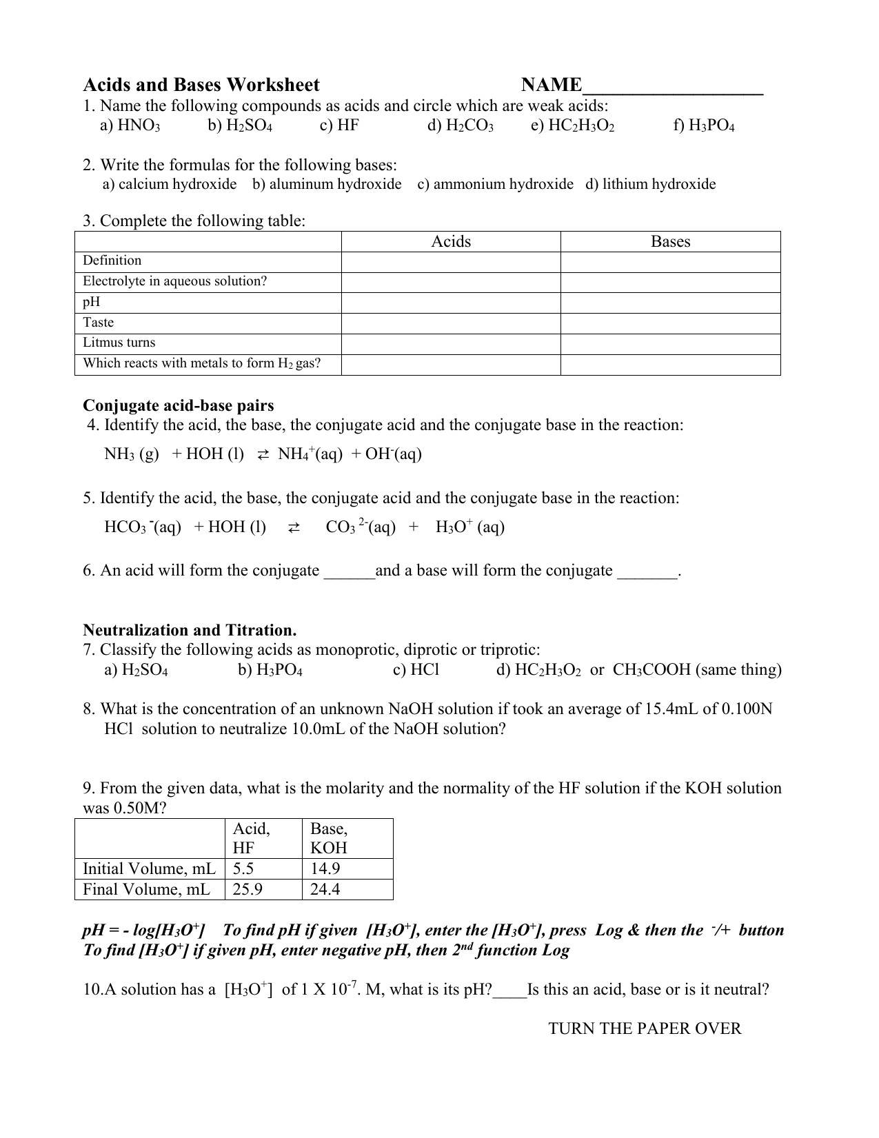 Acids And Bases Chemistry Worksheet Acids And Bases Chemistry Worksheet
