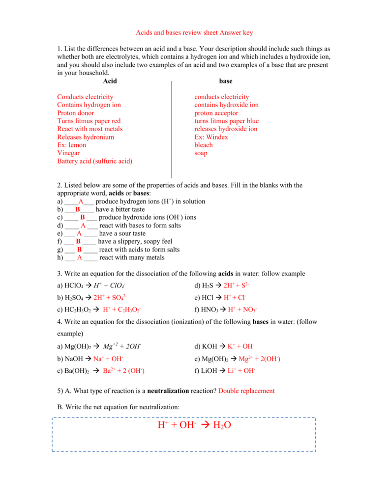 Acids And Bases Review Sheet With Answer Key