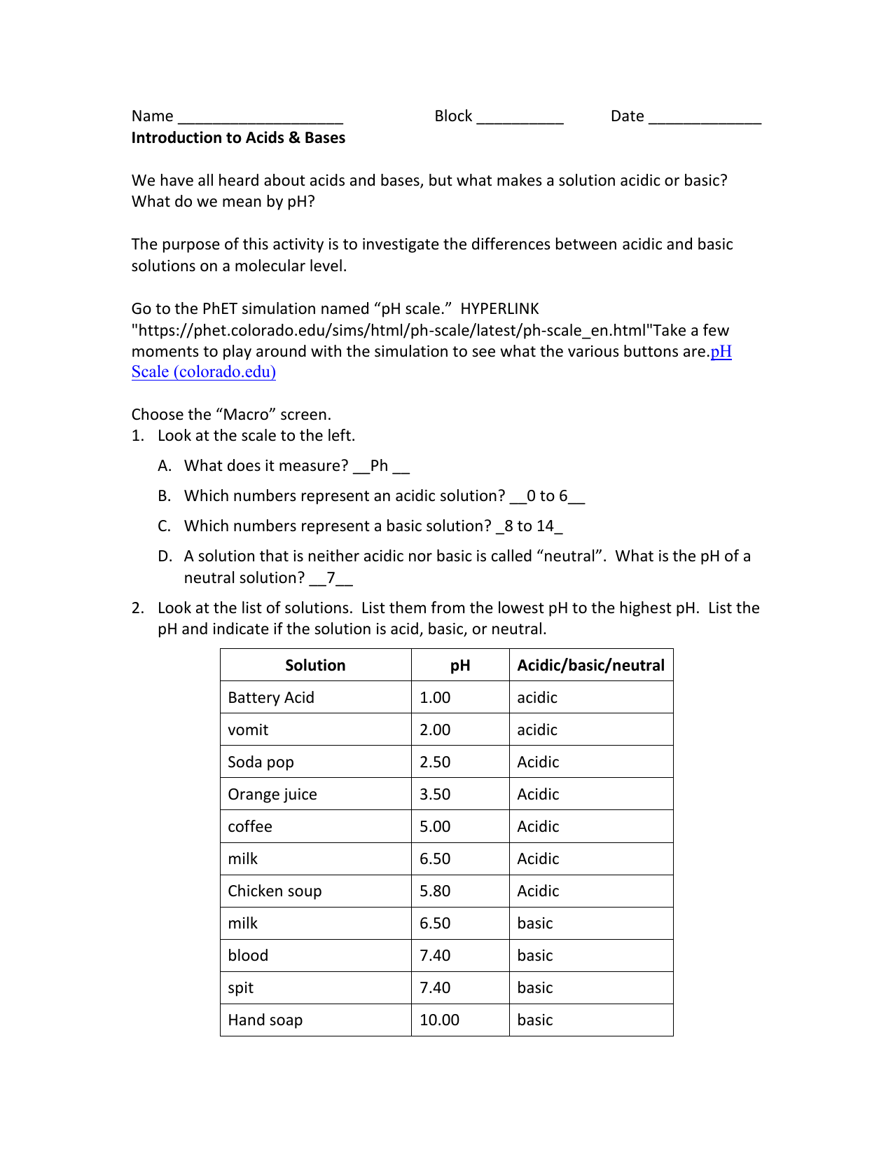 acid base worksheet answers
