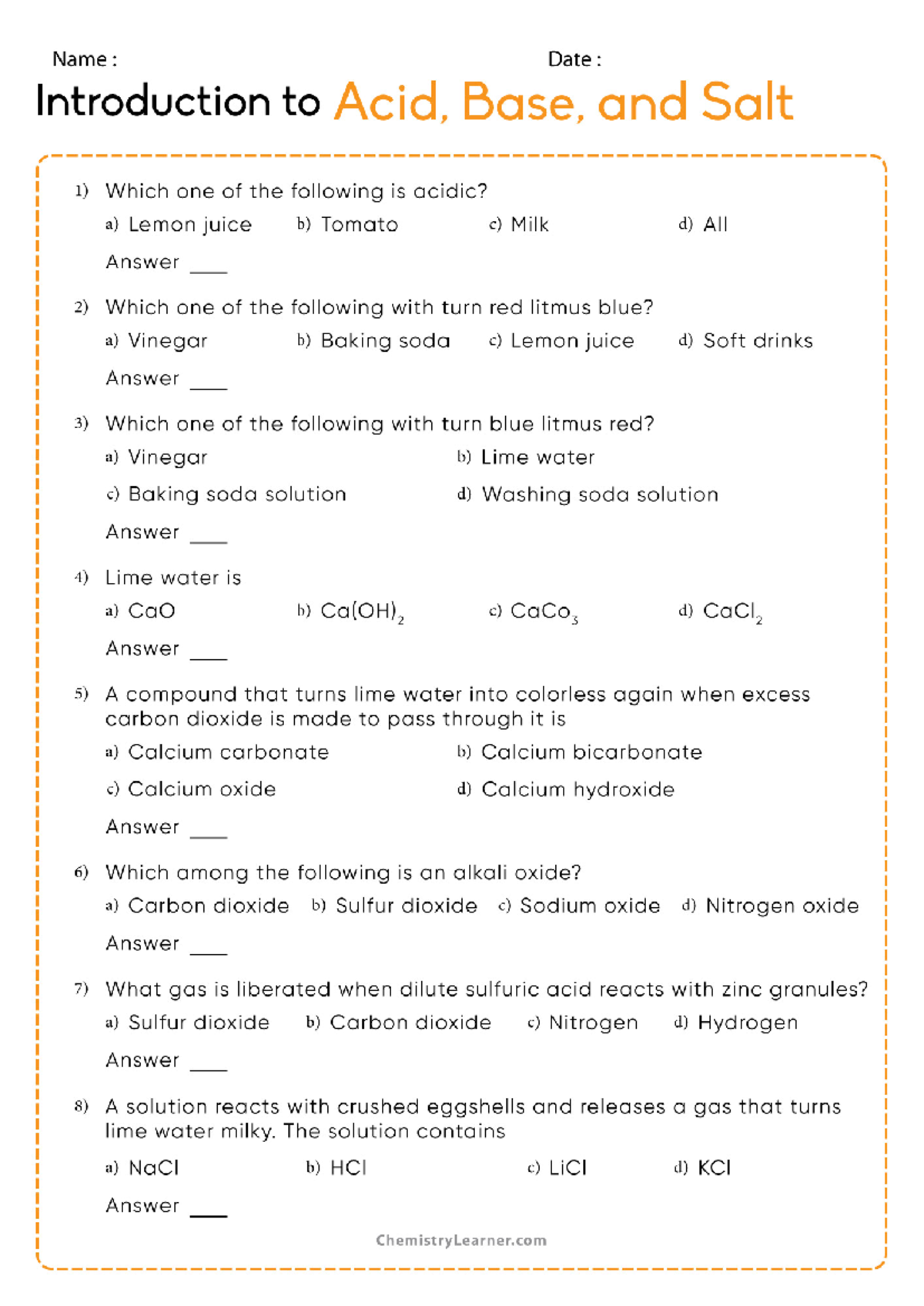Acids Bases And Salts Worksheet Incl Answers Studocu