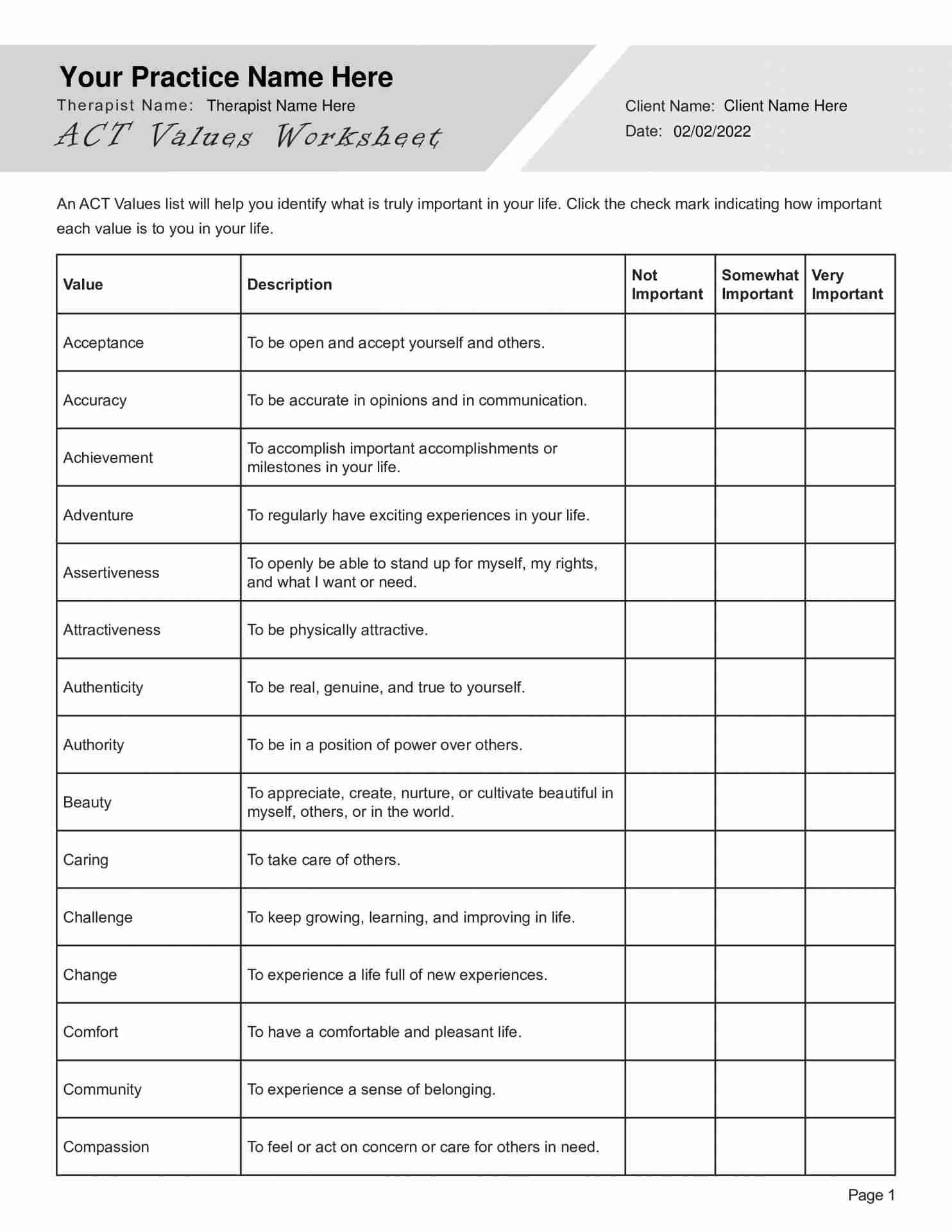 ACT Values Worksheet PDF Template TherapyByPro ACT Values Worksheet PDF Template TherapyByPro