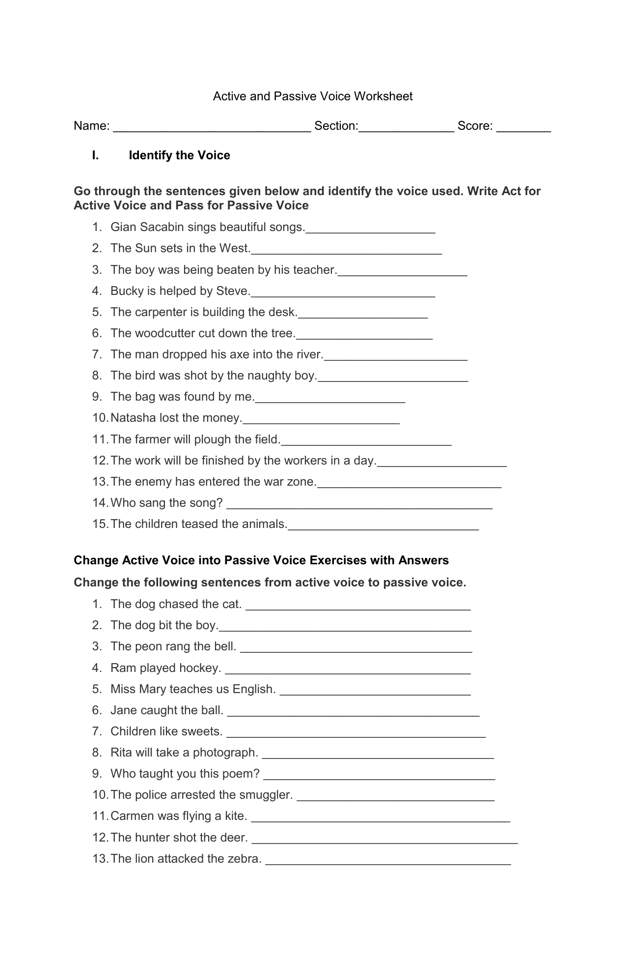 active voice worksheet with answers