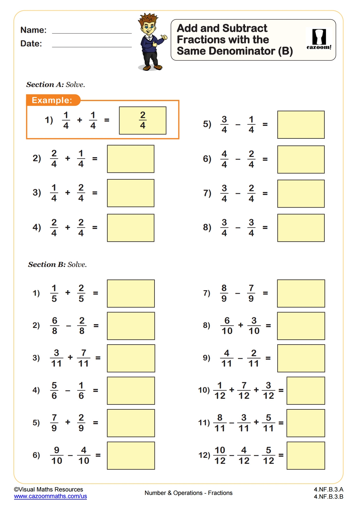Add And Subtract Fractions B 4th Grade PDF Number And Operations Worksheets Cazoom Math