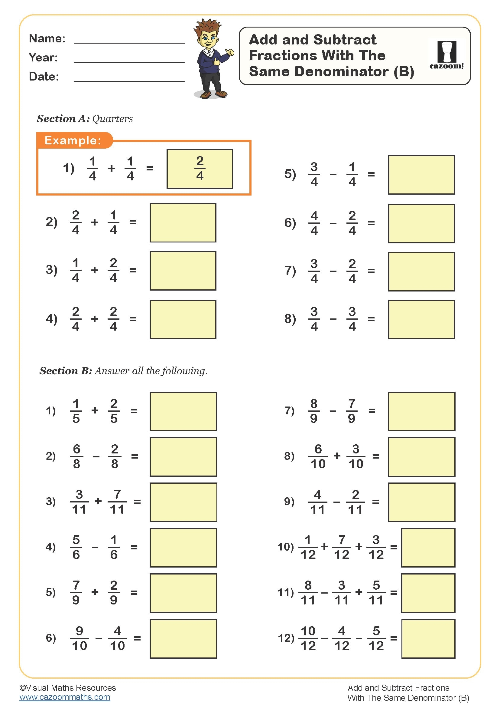 Add And Subtract Fractions B Worksheet Fun And Engaging Year 3 PDF Worksheets Add And Subtract Fractions B Worksheet Fun And Engaging Year 3 PDF Worksheets