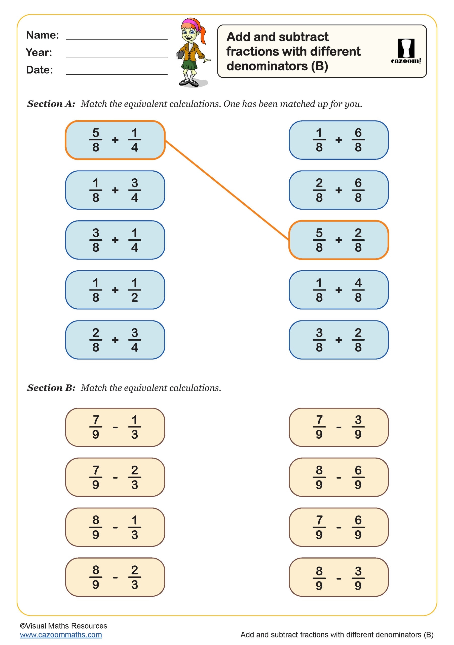 Add And Subtract Fractions With Different Denominators B Worksheet Fun And Engaging Year 5 PDF Worksheets Add And Subtract Fractions With Different Denominators B Worksheet Fun And Engaging Year 5 PDF Worksheets