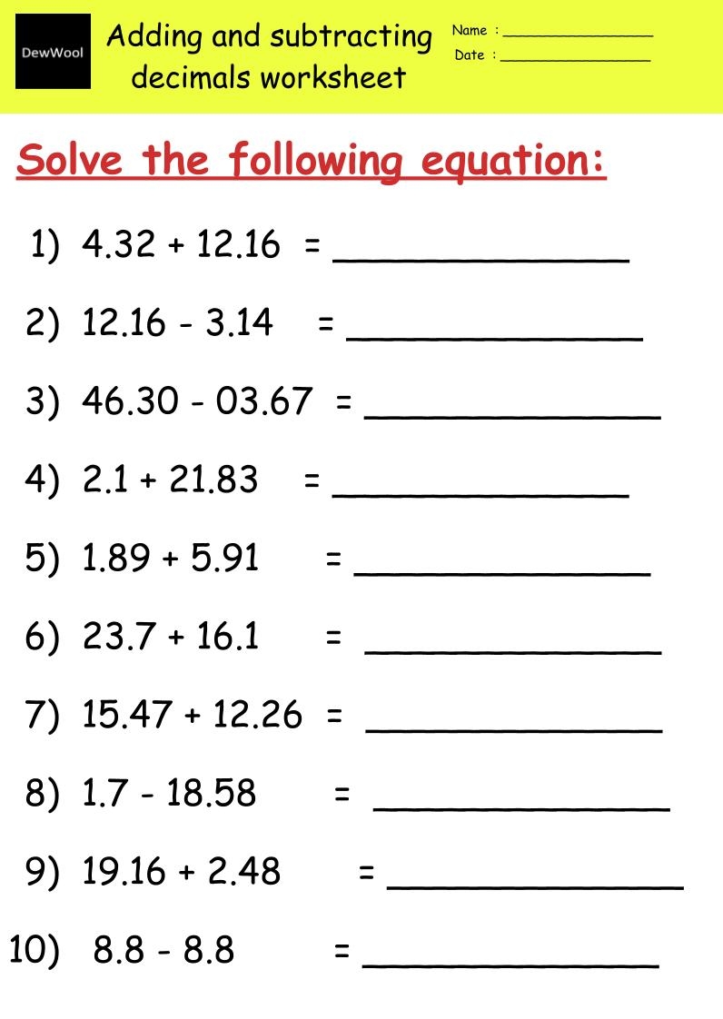 Add Subtract Decimals Worksheet Worksheets Worksheets Library Add Subtract Decimals Worksheet Worksheets Worksheets Library