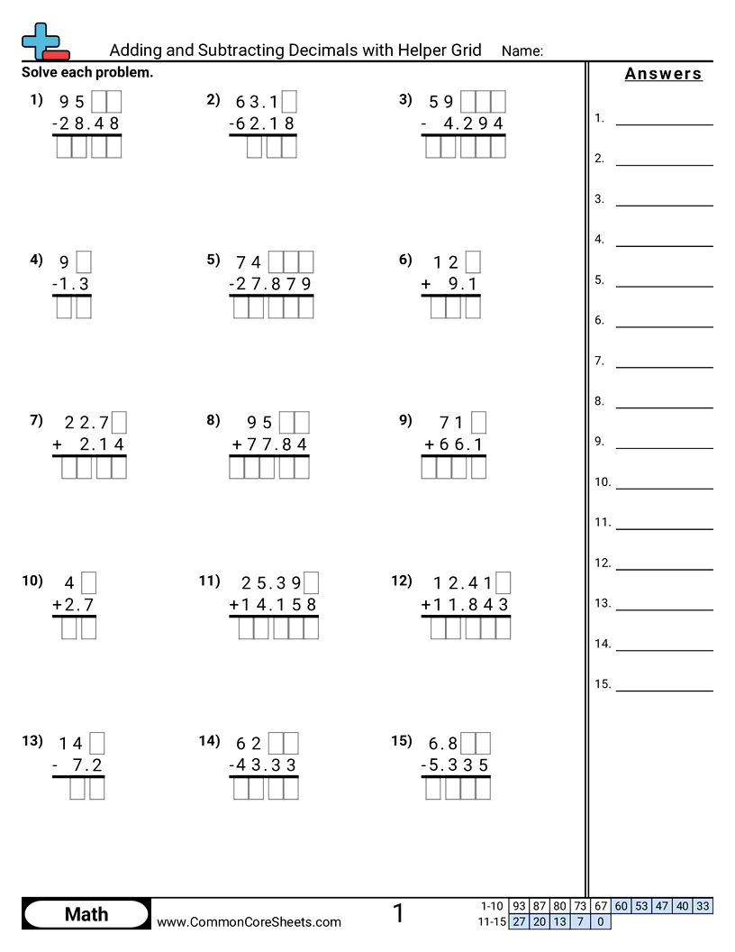 Adding And Subtracting Decimals With Helper Grid Worksheet Download Adding And Subtracting Decimals With Helper Grid Worksheet Download