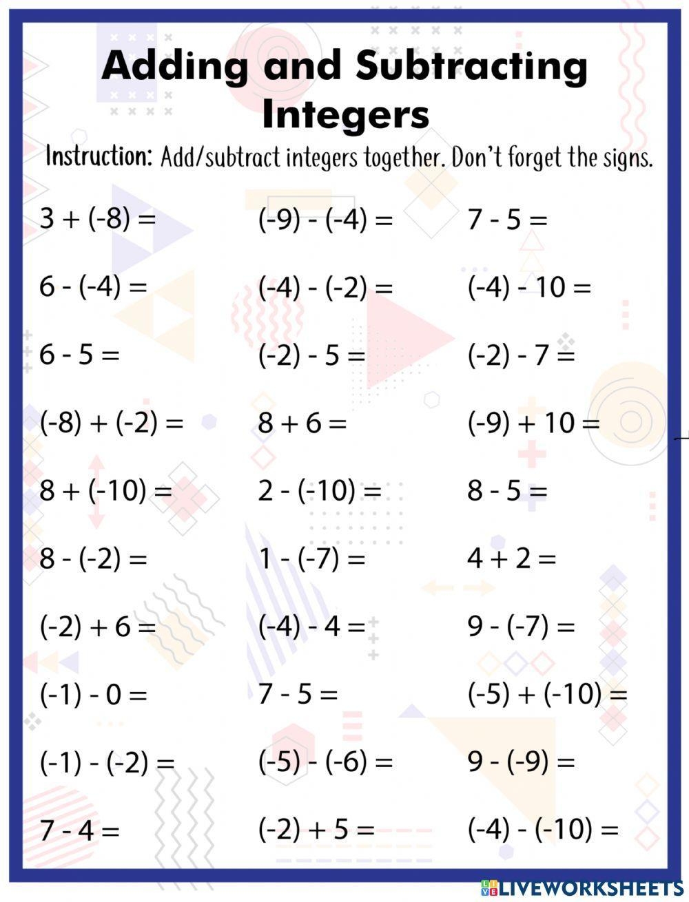 Adding And Subtracting Integers Worksheet For 3 Worksheets Library
