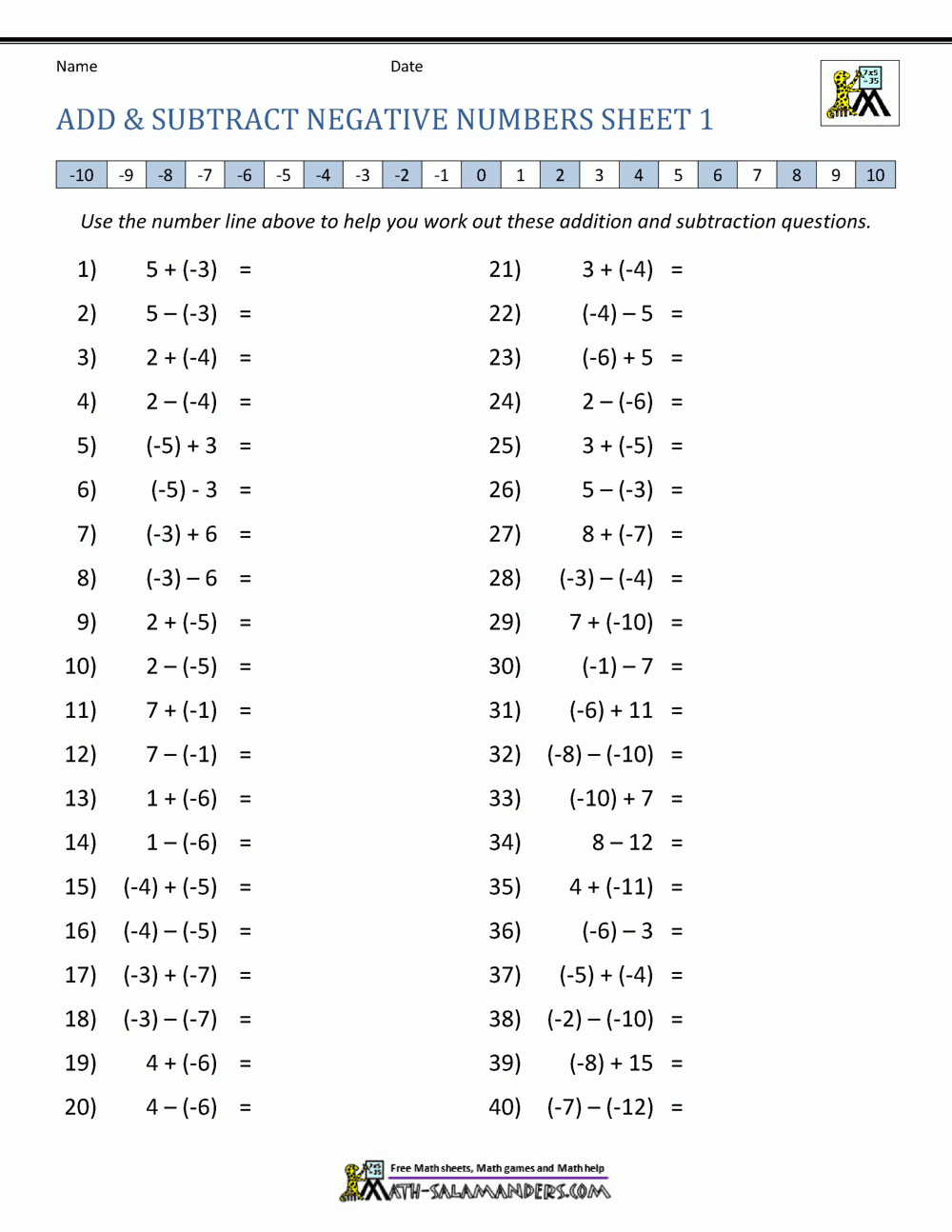 add and subtract integers worksheet pdf